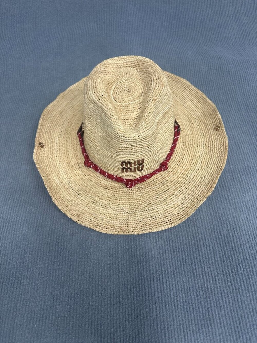 Miu Miu Woven Straw Cowboy Hat Embroidered Logo Red Strap - Picture 2 of 6